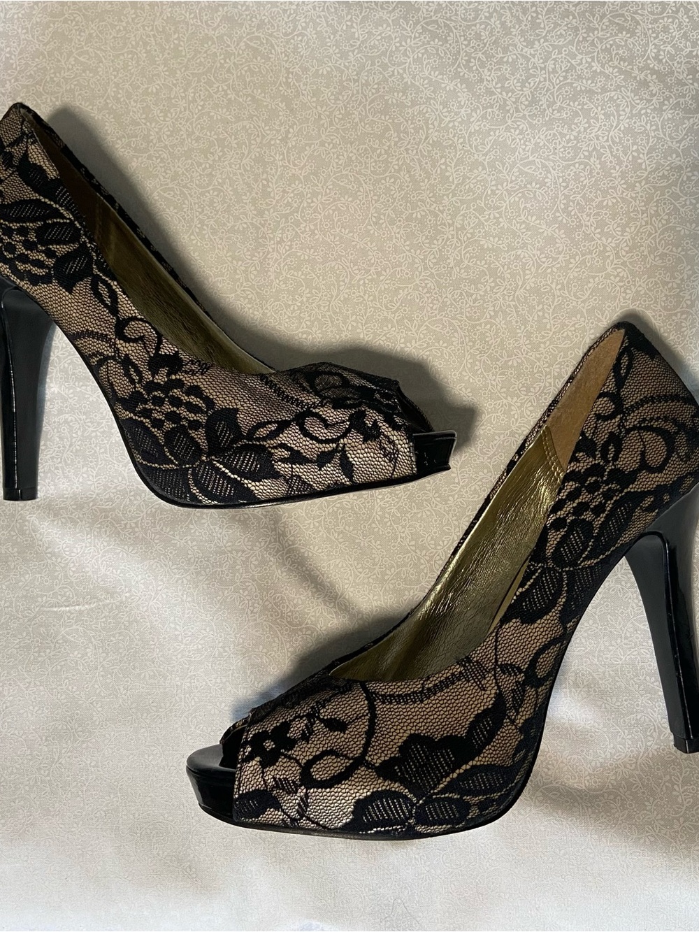 Wild Diva Black Lace Peep-Toe Heels on Nude